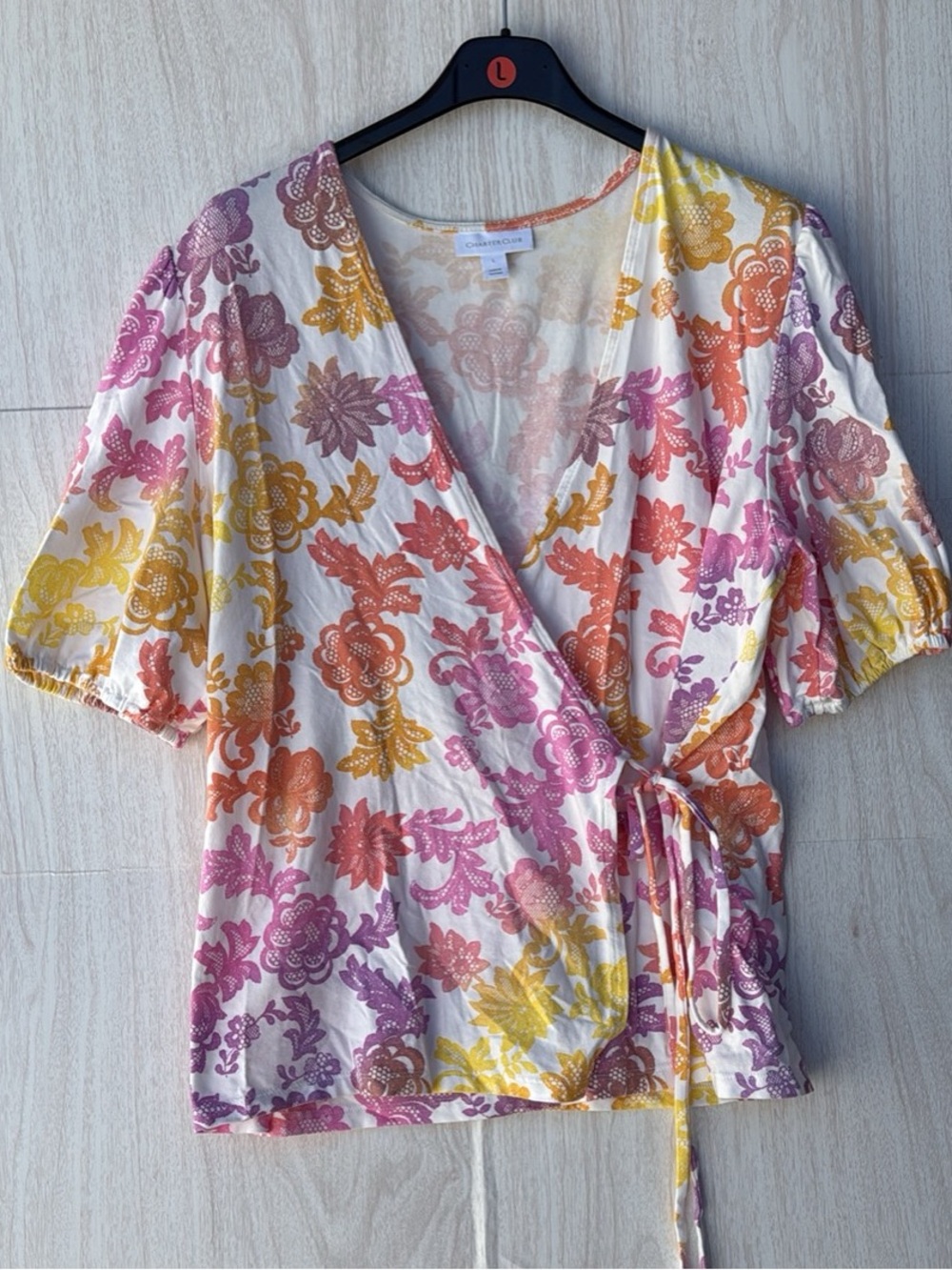 Charter Club Floral Wrap Top in Cream, Pink, Orange, Yellow, Purple